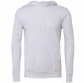 A plain white Bella + Canvas BE105 hoodie is shown against a white background. It features long sleeves, a front pocket, drawstrings, and a relaxed fit.