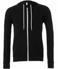 The Bella + Canvas BE106 is a black zip-up hoodie featuring white drawstrings and convenient front pockets.