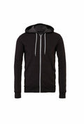 The BE106 by Bella + Canvas is a black zip-up hoodie featuring white drawstrings, a front pocket, and a hood.