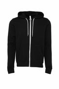 The BE106 by Bella + Canvas is a black zip-up hoodie with distinct white drawstrings and a comfortable hood. It includes two front pockets and features elastic cuffs, all showcased against a plain white background.