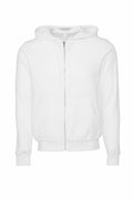 Introducing the BE106 by Bella + Canvas: a casually styled, long-sleeved zip-up hoodie featuring a hood and front pockets. Crafted from soft material, this plain white hoodie is showcased against a white background.