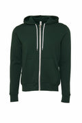The BE106 by Bella + Canvas is a hoodie in a deep green color, featuring a zipper closure, hood with white drawstrings, front pockets, and ribbed cuffs and hem. It is showcased against a plain white background.