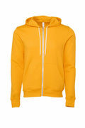 Bella + Canvas offers the BE106, a vibrant yellow zip-up hoodie designed with a hood and two front pockets. It features white drawstrings along with ribbed cuffs and hem. Displayed on a white background, the hoodie is shown from the front.