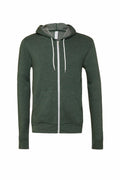 Introducing the Bella + Canvas BE106: a stylish zip-up hoodie in green, complete with a white drawstring and gray inner lining. This hoodie is designed with a convenient front zipper and two practical front pockets.
