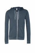 The Bella + Canvas BE106 zip-up hoodie in gray, featuring white drawstrings, front pockets, and a hood, is displayed against a white background.