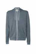 The Bella + Canvas BE106 gray zip-up hoodie features white drawstrings, front pockets, and a simple, casual design. It is displayed against a plain white background.