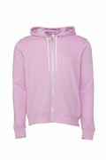 The Bella + Canvas BE106 is showcased, featuring a pink zip-up design with a hood, front zipper, and white drawstrings. It includes long sleeves and a front pocket.