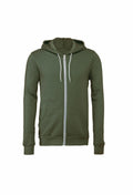The BE106 from Bella + Canvas is a green zip-up hoodie featuring a hood and white drawstrings. It includes front pockets and is showcased against a plain white background.