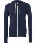 The Bella + Canvas BE106 is a navy blue zip-up hoodie featuring white drawstrings. It comes with a front zipper and two pockets. The product is shown against a plain white background.