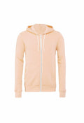The Bella + Canvas BE106 is a light peach-colored zip-up hoodie featuring a front zipper and convenient pockets, beautifully displayed against a plain white background.