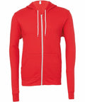 The BE106 by Bella + Canvas is a red zip-up hoodie featuring white drawstrings and front pockets, displayed against a plain white background.