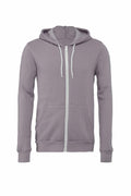 The Bella + Canvas BE106 is a light gray zip-up hoodie featuring a hood and drawstrings. It includes a full-length zipper on the front along with two spacious front pockets. The long sleeves and soft fabric make it appear comfortable and cozy.