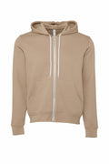 The Bella + Canvas BE106 is shown on a white background. It is a beige zip-up hoodie, complete with a drawstring hood and front pockets. The design includes ribbed cuffs and a waistband, offering a casual and comfortable appearance.