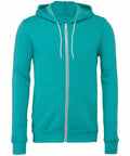 The Bella + Canvas BE106 is a teal zip-up hoodie featuring a drawstring hood and front pockets, showcased against a white background.