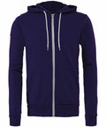 The navy blue Bella + Canvas BE106 zip-up hoodie, complete with a white drawstring, is displayed. It features front pockets and a full front zipper closure.