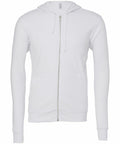 The Bella + Canvas BE106 is a plain white zip-up hoodie featuring a drawstring hood and front pockets, displayed against a white background.