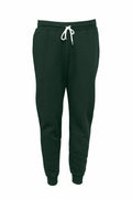 Introducing the Bella + Canvas BE126 jogger pants: these dark green joggers feature a white drawstring, elastic waistband, and cuffs. Designed for simplicity and comfort, they are perfect for casual everyday wear.