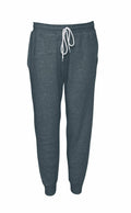 The BE126 jogger pants by Bella + Canvas are gray with a white drawstring and feature elastic cuffs at the ankles.