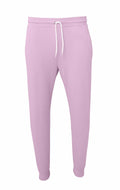 The Bella + Canvas BE126 sweatpants are light pink with an elastic waistband and a white drawstring. They feature a relaxed fit and are displayed against a plain white background.