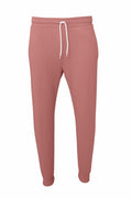 A pair of Bella + Canvas BE126 jogger pants in pink, featuring a white drawstring and an elastic waistband, displayed against a white background.