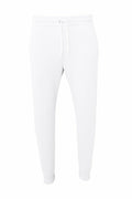 Bella + Canvas BE126 jogger pants, featuring a plain white design with an elastic waistband and adjustable white drawstring. These joggers offer cuffed ankles and a relaxed fit, perfect for casual wear. The photo of the product is set against a plain white background.