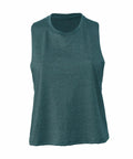 The "BE127" sleeveless tank top by Bella + Canvas, featuring a dark green hue and a crew neck design, is showcased against a plain white backdrop. The fabric looks to be soft and lightweight, making it ideal for casual wear.