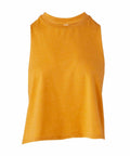 The Bella + Canvas BE127 is a sleeveless, yellow-orange crop top featuring a round neckline and displayed against a white background.