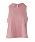 A sleeveless crop top in light pink, showcasing a high neckline, is featured against a white background. The fabric looks soft and comfortable, ideal for casual wear. This item is the BE127 by Bella + Canvas.