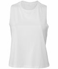 Displayed against a white background is the BE127, a plain white sleeveless tank top by Bella + Canvas. The fabric looks soft and lightweight, making it ideal for casual wear. It features a round neckline and has a loose-fitting cut.