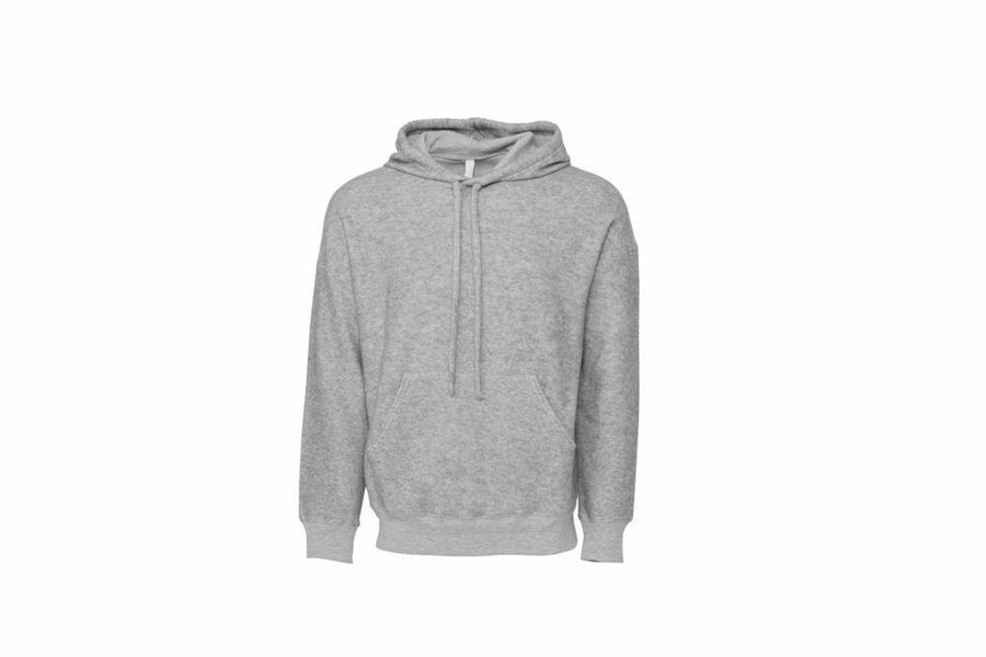 Bella + Canvas BE130 hoodie in gray, featuring drawstrings and a front pocket, showcased against a white background.