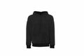 A Bella + Canvas BE130 hoodie featuring a plain black design, front pocket, and drawstring hood displayed against a white background.