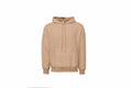 The BE130 by Bella + Canvas is a plain beige hoodie featuring a front pocket and drawstring hood, showcased against a white background.
