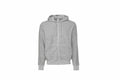 Bella + Canvas BE131: A plain gray zip-up hoodie featuring a hood and drawstrings, showcased against a white background.