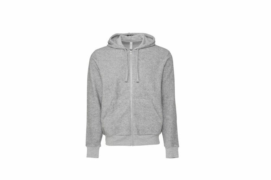 Bella + Canvas BE131: A plain gray zip-up hoodie featuring a hood and drawstrings, showcased against a white background.