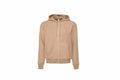 The BE131, a beige zip-up hoodie featuring front pockets and a hood from Bella + Canvas, is showcased against a white background.