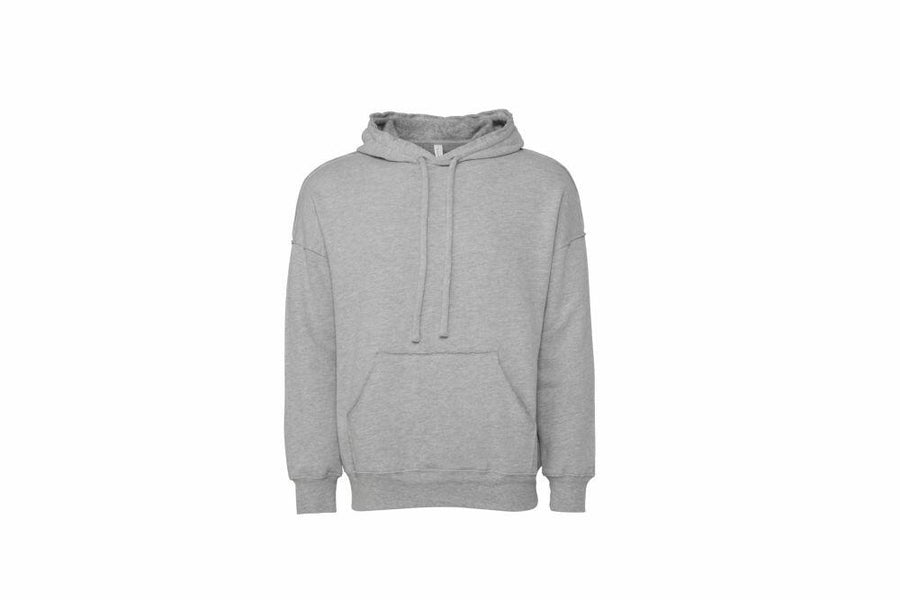 BE132, a gray hoodie by Bella + Canvas, features long sleeves, a drawstring hood, and a front pocket against a white background.