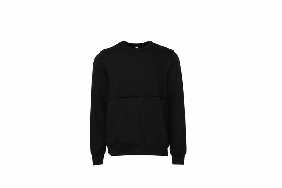 The Bella + Canvas BE133, a plain black sweatshirt featuring long sleeves and a round neck, is displayed against a white background.