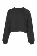 Bella + Canvas's BE134, a black cropped sweatshirt featuring long sleeves and a crew neckline, displayed on a white background.