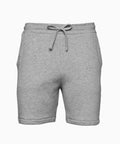 The Bella + Canvas BE135 shorts come in grey, featuring an elastic waistband with a drawstring, side pockets, and a rolled hem.
