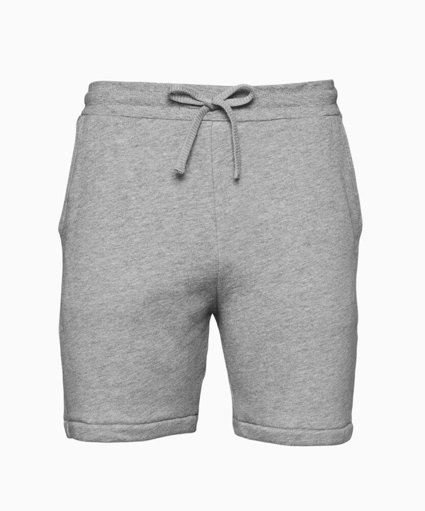 The Bella + Canvas BE135 shorts come in grey, featuring an elastic waistband with a drawstring, side pockets, and a rolled hem.
