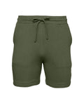 Experience the comfort of the BE135 by Bella + Canvas, featuring green cotton shorts with a drawstring waistband and side pockets.