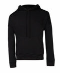 Bella + Canvas BE136 black hooded sweatshirt featuring long sleeves and a front pocket.