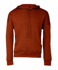 A plain brown BE136 hoodie featuring a front pocket and drawstring hood, presented against a white background by Bella + Canvas.