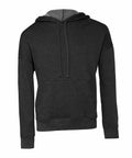 Introducing the Bella + Canvas BE136, a dark gray hooded sweatshirt featuring a front pocket and drawstrings. It offers a soft, comfortable feel with a minimalist design perfect for daily wear.