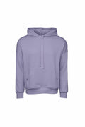 The BE136 hoodie by Bella + Canvas is a plain lavender design featuring a front pocket and drawstrings. This hoodie has long sleeves, a relaxed fit, and boasts a simple, minimalist aesthetic.