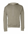 The BE136 by Bella + Canvas is a plain olive green hoodie featuring a front pocket and drawstrings. It has long sleeves with ribbed cuffs and offers a relaxed fit, making it ideal for casual wear.