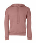 The Bella + Canvas BE136 hoodie in a plain, dusty pink color features long sleeves, a front pocket, and drawstrings, and is displayed against a white background.