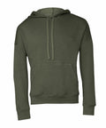 Bella + Canvas BE136 sweatshirt in olive green, featuring a hood, front pocket, and adjustable drawstrings.