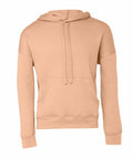 The Bella + Canvas BE136 hoodie, featuring a front pocket and drawstrings, is showcased against a white background. This tan-colored hoodie has long sleeves and seems to be crafted from a soft fabric.