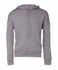 The BE136 hoodie from Bella + Canvas is displayed on a plain white background. It features a simple design with a front pocket and drawstrings, highlighting its comfortable gray fabric as it is laid flat.